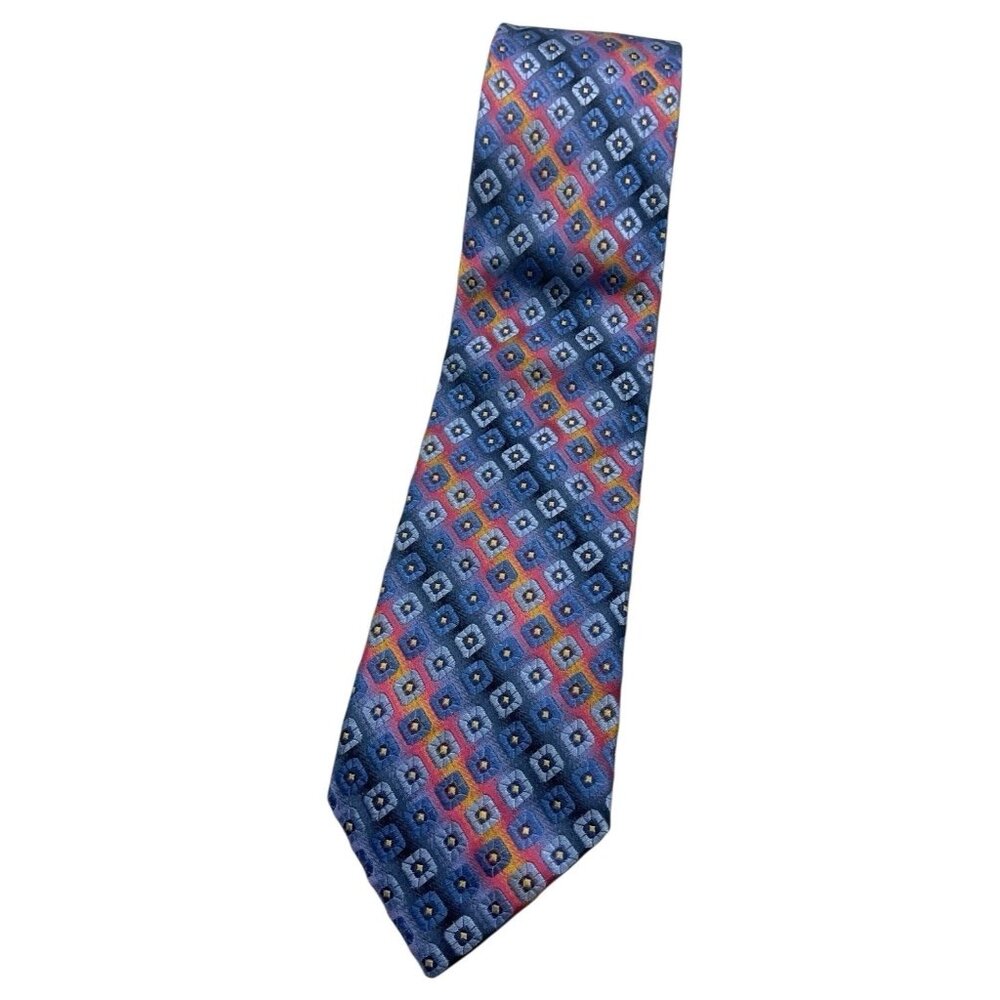 LAWRENCE Men's 100% Silk Necktie LUXURY Tie XL Blue Pink Geometric W:3.7" EUC